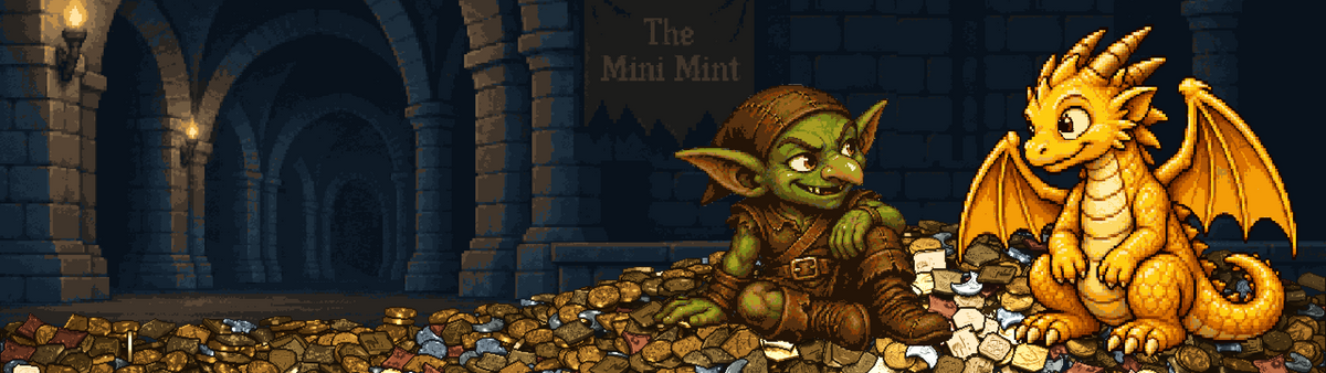 Muck and Glint overlooking a hoard of miniature metal coins, trade bars and ingots.