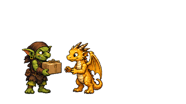 Muck hands a parcel to Dragon for delivery.